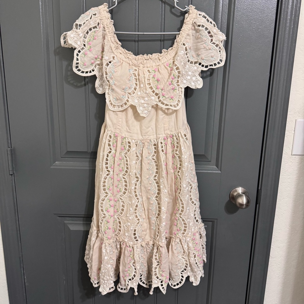 Love Sam Cream Off the Shoulder Beaded Embroidered Floral Midi Dress